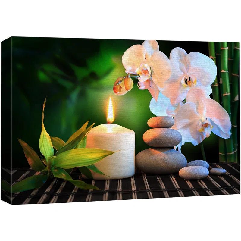 IDEA4WALL Zen Stones Relaxing Candle White Orchid Massage Stone Bamboo Forest Nature Yoga On Canvas Print