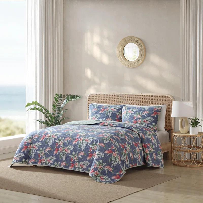 Eddie Bauer Tommy Bahama Floral Enchantment Cotton Reversible Blue Quilt Set