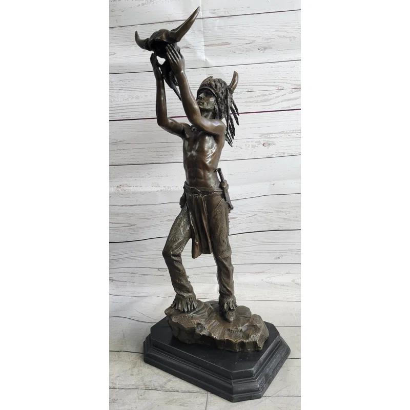 Canora Grey Taylee Native American Indian Shaman Medicine Man Holding Bison Skull Bronze Statue Sculpture 23" X 11"