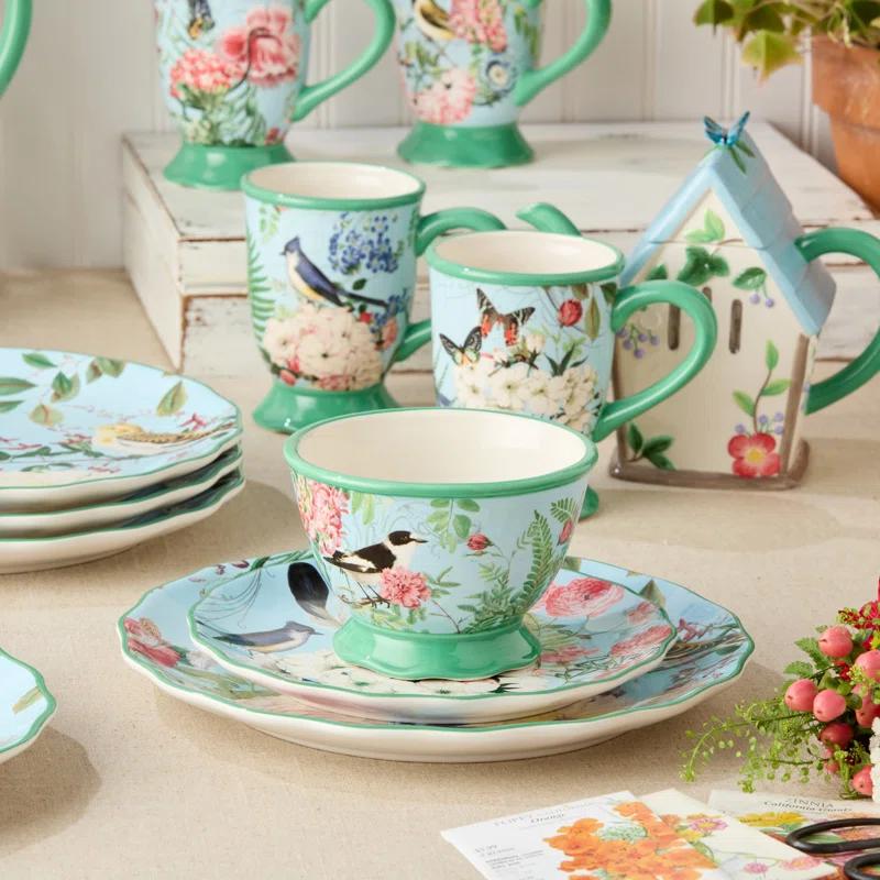 Certified International Flora 16-Piece Dinnerware Set, Service for 4 – Includes Dinner Plates, Dessert Plates, Pedestal Mugs, and Pedestal Ice Cream Bowls with Vibrant Nature-Inspired Floral Designs