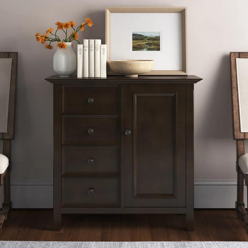 Simpli Home Amherst 32"W Solid Wood 2-Shelf Low Storage Cabinet with Adjustable Shelves and Tapered Legs