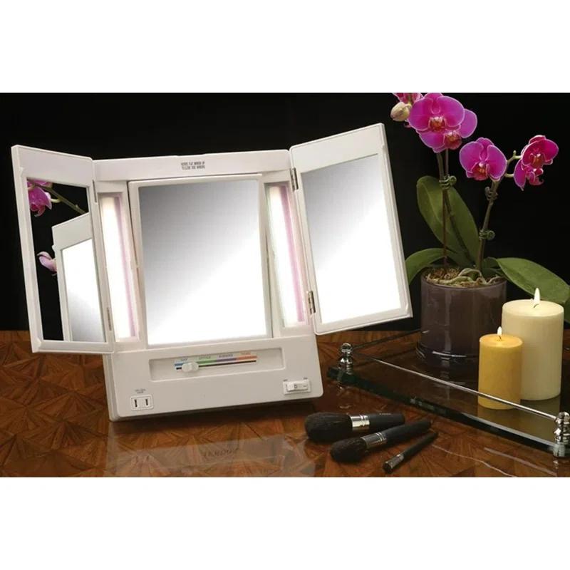 Symple Stuff Washington Mews TriFold Lighted Tabletop Makeup Mirror, Plug In