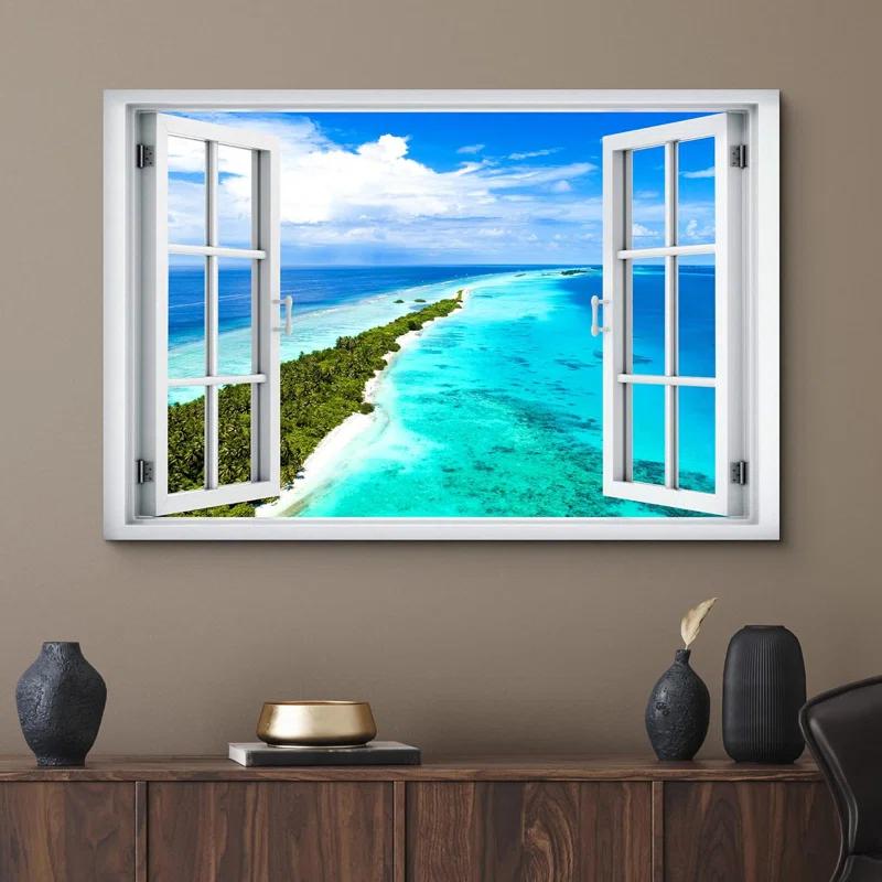 IDEA4WALL Window Scenery " Window View Teal Blue Beach Shore Tropical Island Wilderness Nature "
