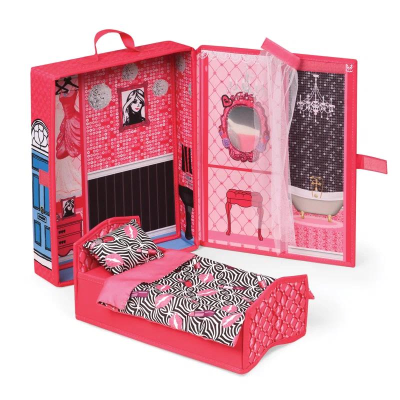 Badger Basket Home & Go Dollhouse Playset Travel & Storage Case with Bed/Bedding for 12-inch Fashion Dolls - Pink/Multi