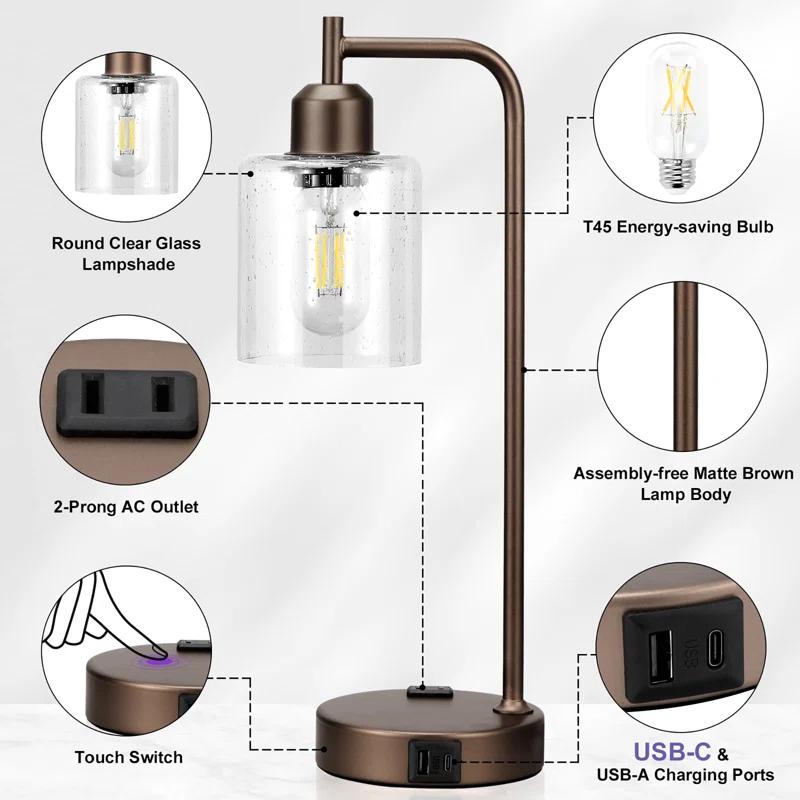 Latitude Run® Industrial Touch Table Lamps for Bedrooms Set of 2 - 3-Way Dimmable Nightstand Lamps with USB C+A Ports and Outlet, Bedside Lamps with Glass Shade for Living Room, Desk Lamps for Home Office