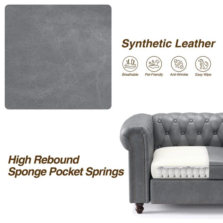 Alcott Hill® 72 Inch Couch Chesterfield Leather Sofa With Wooden Legs