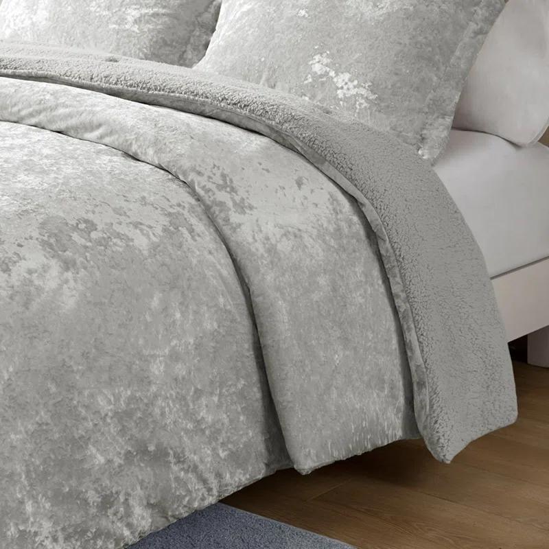 Twin/Twin XL Arabella Crushed Velvet to Faux Shearling Soft Reversible Teen Comforter Set Silver - Intelligent Design: Hypoallergenic Velvet Bedding