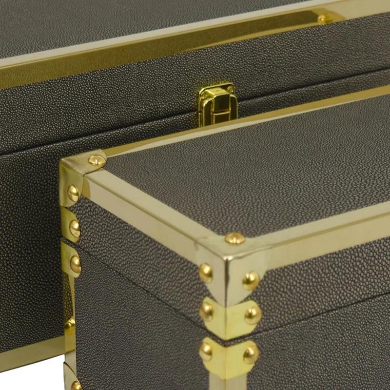 Benjara Mecca Storage Box Set of 2, Rivet Accents, Metal Trim, Wood