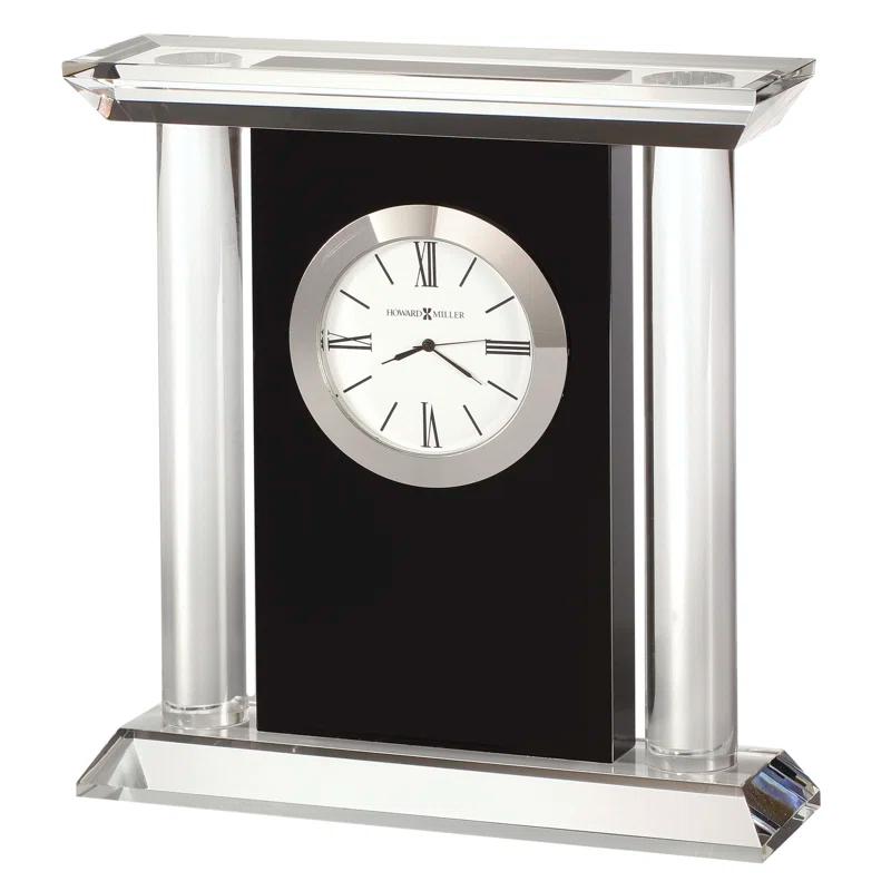 Colonnade Modern & Contemporary Roman Numeral Crystal Quartz Movement / Crystal Tabletop Clock in Black Glass/Silver