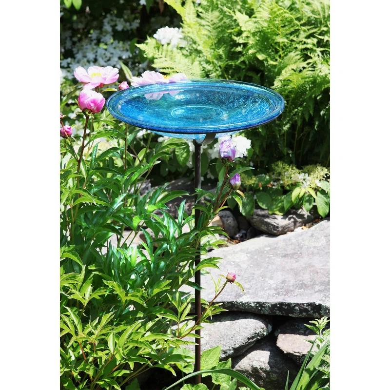 Winston Porter Crackle Glass Birdbath Bowl with Stake, 14-in