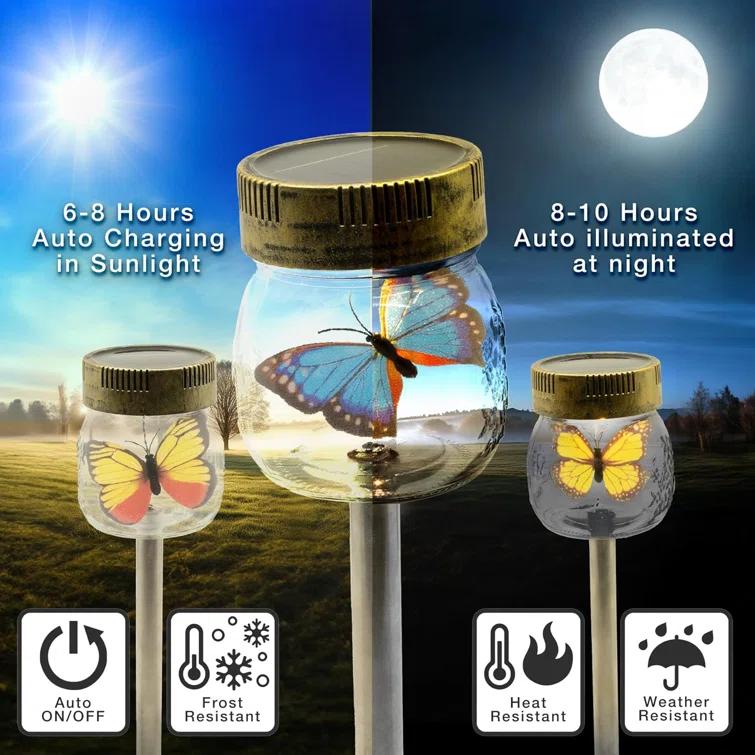 ForeverGiftsInc. Butterfly Jar Black Solar Powered Integrated LED Glass Pathway Light Pack (Set of 3)