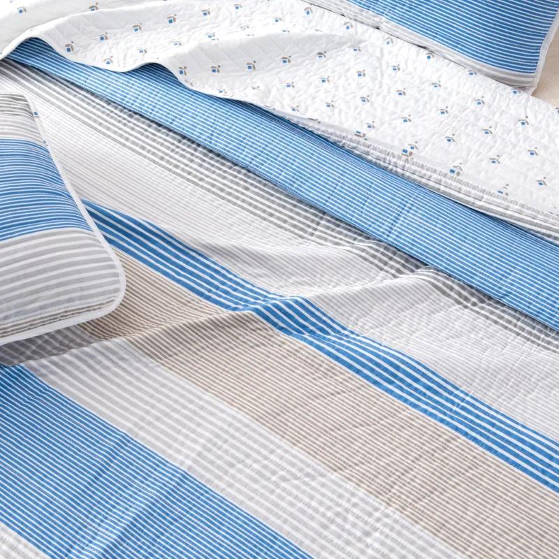 FreshFolds Blue / White / Grey Striped Reversible Quilt Set with Shams