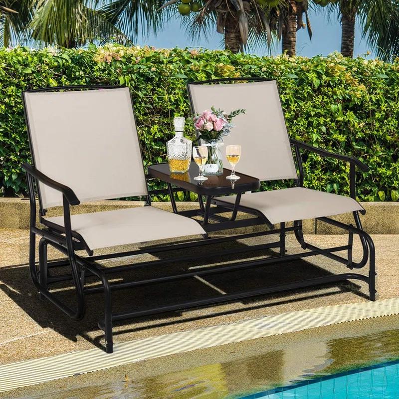 Red Barrel Studio® Patio Bench Glider Chair with Metal Frame, Center Tempered Glass Table, Outside Double Rocking Swing Loveseat for Porch, Garden, Poolside, Balcony, Lawn Rocker Outdoor Glider Bench | Wayfair