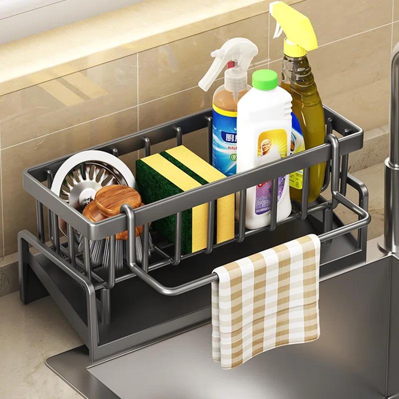 WKING Stainless Steel Kitchen Sink Caddy Organizer With Draining Tray, Rustproof Sponge Holder For Sink, Adjustable Compartments, Space-Saving Design