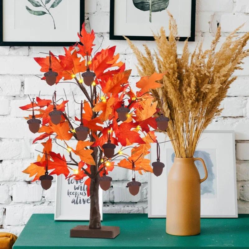 Fall Decorations For Home, 24”/2FT Lighted Fall Maple Leaves Tree With 24LT Warm White Leds For Autumn Decor, 12 Wood Acorns Ornaments Battery Powered Timer For Home Decor, Thanksgiving
