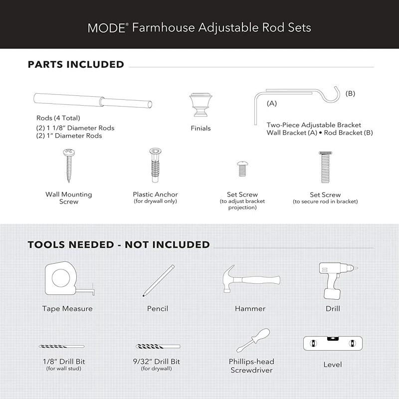 MODE Mode Farmhouse Collection 1 1/8 in Diameter Curtain Rod Set with Cottage Square Finials and Steel Wall Mounted Adjustable Rod
