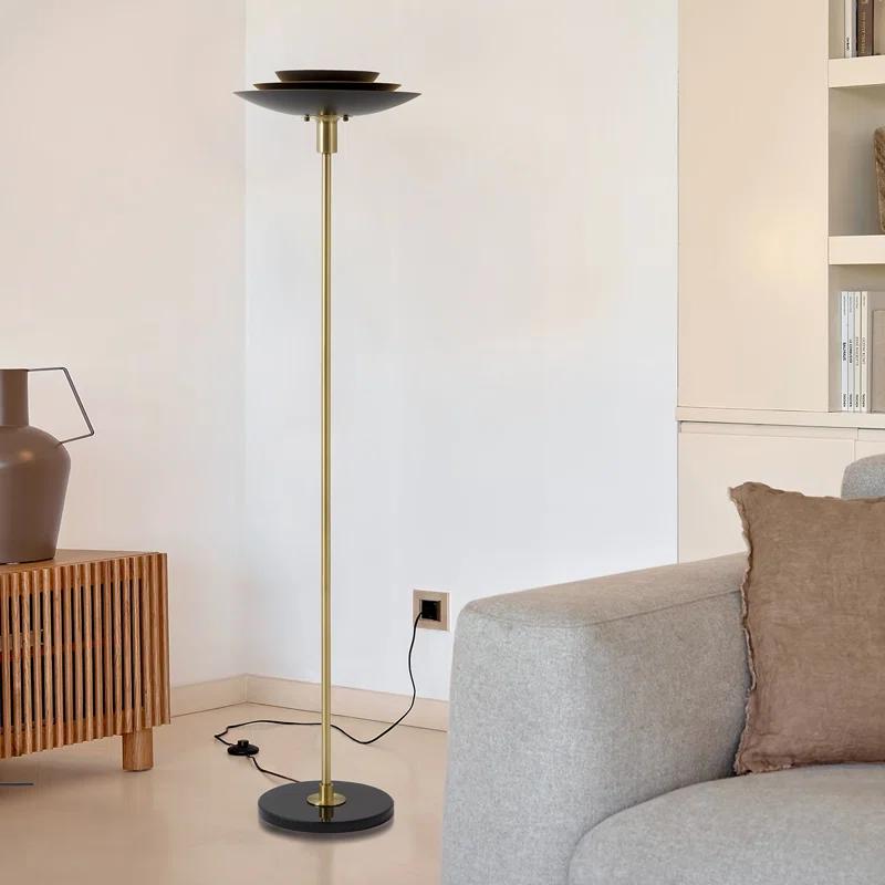 Rancho Mirage Torchiere Floor Lamp - Matte Black & Gold-Leaf Shade, Weathered Brass, Black Marble Base