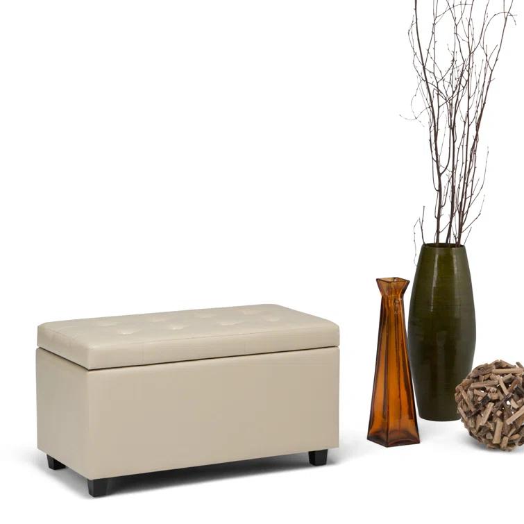 Simpli Home Cosmopolitan 34"W Upholstered Storage Ottoman with Tufted Design and Large Interior Storage