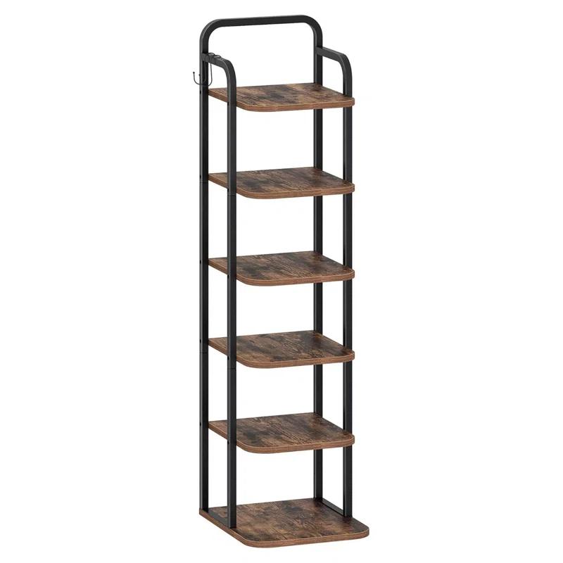 Vertical Shoe Rack, Shoe Shelves, Wood Shoe Organizer For Closet, Entryway, Shoe Tower For Small Spaces, Free Standing, Adjustable, With 2 Hooks, 6 Tier Rustic Brown