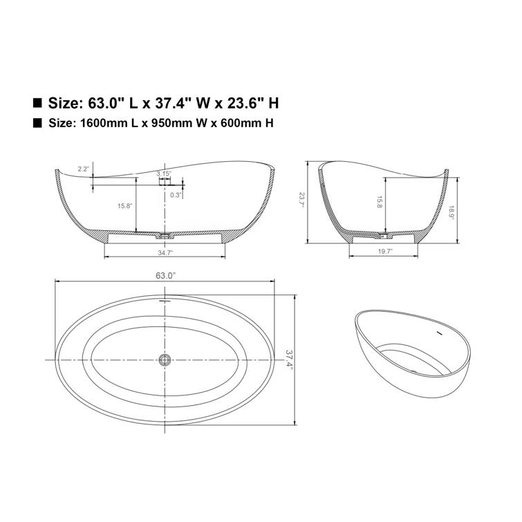Vanity Art 63" x 37" Freestanding Soaking Stone Bathtub VA6918-ML