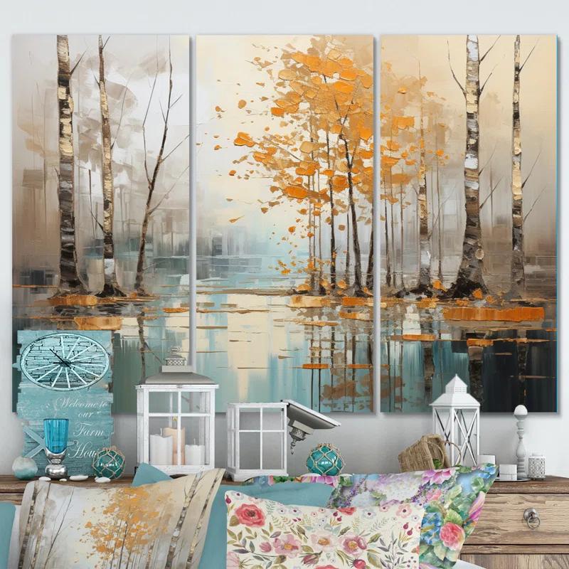 Design Art Birch Woods Golden Reflections I - Tree Birch Metal Wall Art Set