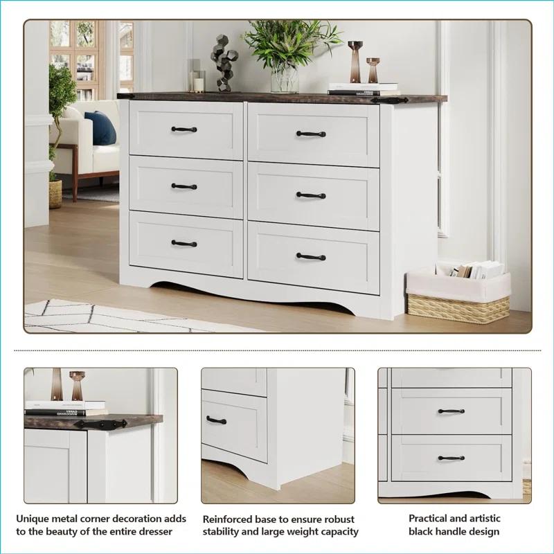 Coulten 6 Drawer 46.4" W Farmhouse 6 Drawers Double Dresser for Bedroom, Modern White Dresser Chest of Drawers, Wide Dressers Organizer, Accent Storage Cabinet for Closet, Living Room, Hallway
