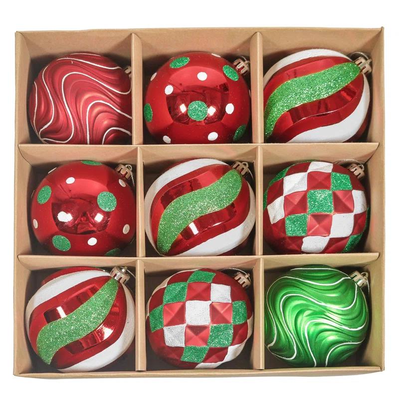Christmas Tree Ornaments Set, 9Ct Red Green White Shatterproof Christmas Tree Decorations Bulk, 3.94 Inch Whimsical Large Hanging Ball Ornaments For Xmas Trees Holiday Party Decor