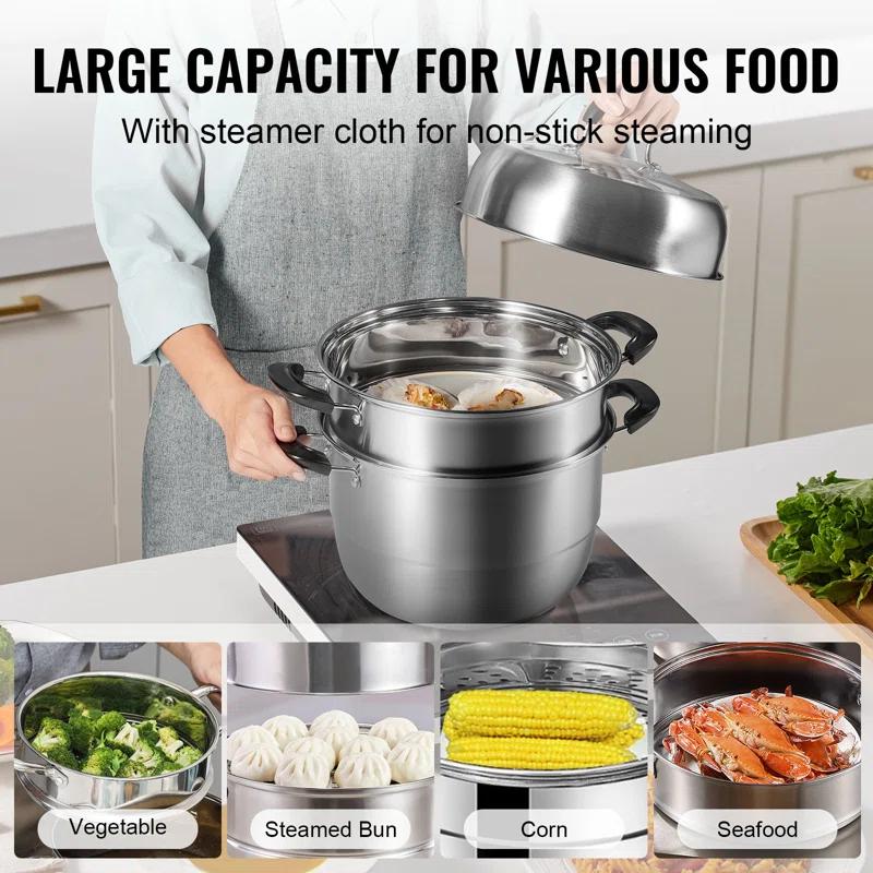 Stellweilan Tessberg Steamer Pot 11in/28cm, 3 Tier Steamer Pot for Cooking with 8.5QT Stock Pot, Vegetable Steamer & 2 Steaming Tray, Food-Grade 304 Stainless Steel Food Steamer Cookware for Gas Electric Stove Grill