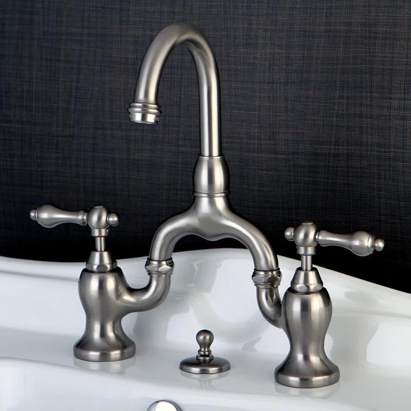 Kingston Brass English Country Two-Handle 3-Hole Deck Mount Bridge Bathroom Faucet with Brass Pop-Up