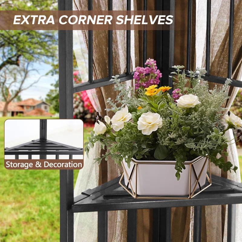 COOS BAY 8 Ft. W x 8 Ft. D Steel Frame Vented Soft Top Patio Gazebo with Mesh Netting, Corner Shelves
