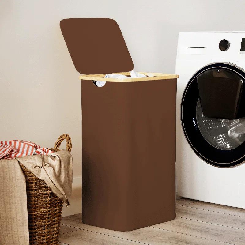 SpaceAid Tall Laundry Hamper with Lid – 110L Collapsible Clothes Basket with Bamboo Handles for Bedroom, Bathroom or Dorm
