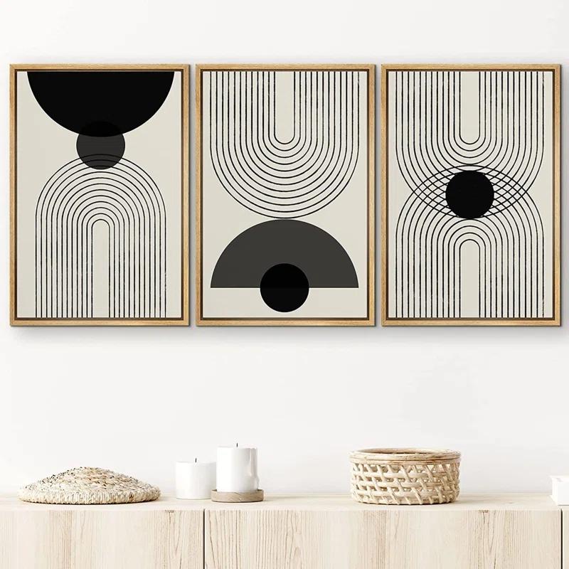 Mid-Century Modern Black And White Minimalist Abstract Home Decor Framed Wall Art Work Canvas Print