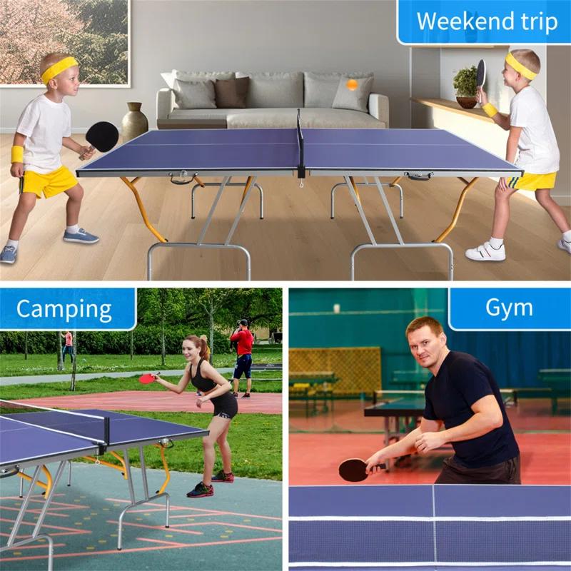 HLILish 8Ft Mid-Size Table Tennis Table Foldable & Portable Ping Pong Table Set For Indoor Games With Net, 2 Table Tennis Paddles And 3 Balls
