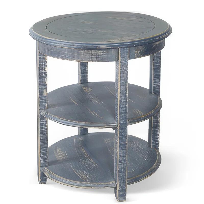 Benjara Rena Side End Table, Scallop Trim, 28 Inch Distressed Blue Mahogany