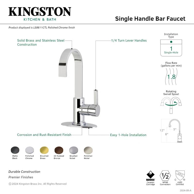 Kingston Brass Continental Single-Handle 1-Hole Deck Mount Bar Faucet