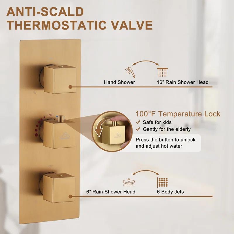 CASAINC Rainfall Symphony 16inch Dual Shower Head Rainfall Thermostatic Shower System with 16-inch Slide Bar and Body spray KCHS0019-16BG