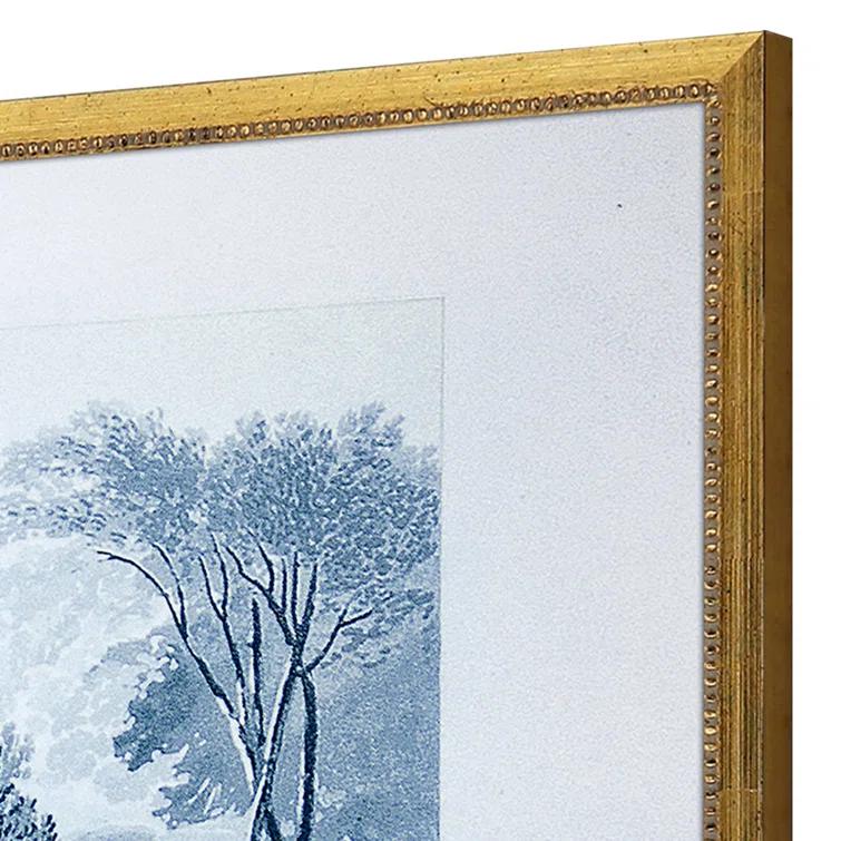 Blue Coastal Landscape Framed Art Set with Gold Beaded Frame