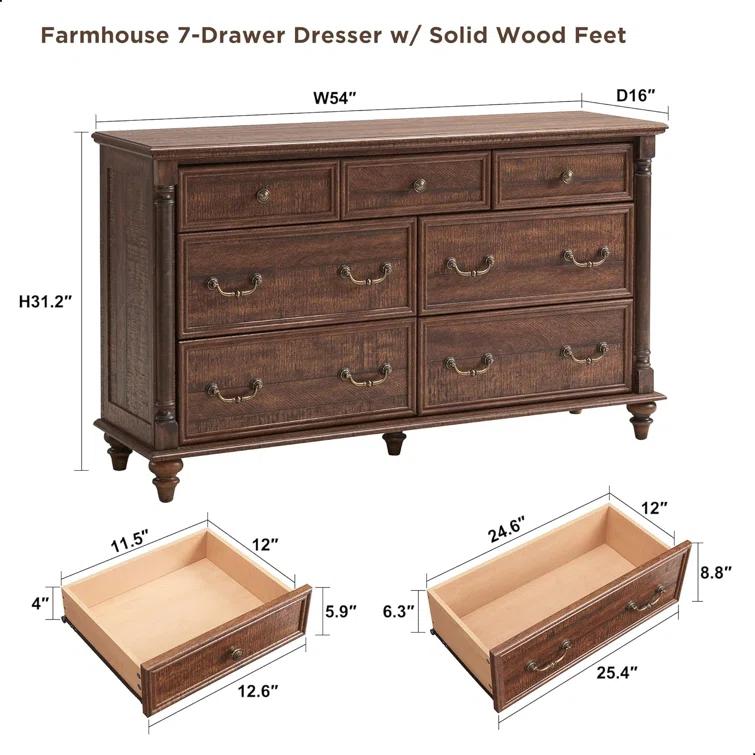 OKD Ojaswi Farmhouse 7 - Drawer Dresser, Wood Rustic Dresser Chest of Drawers with 2 Size Drawers for Bedroom, Living Room