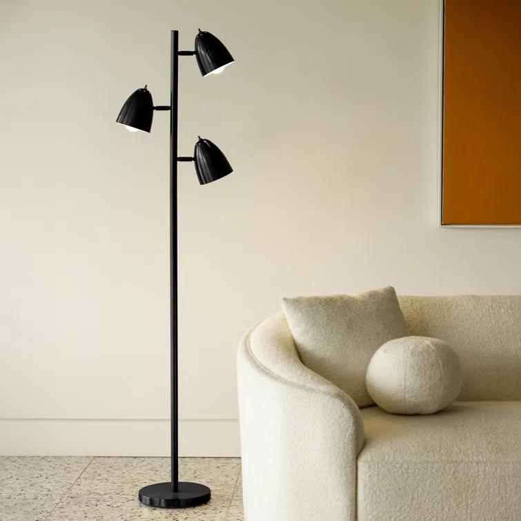 Brightech Jacob 64" Modern 3-Light Adjustable LED Floor Lamp with Black Finish and Metal Cone Shades, Bulbs Included