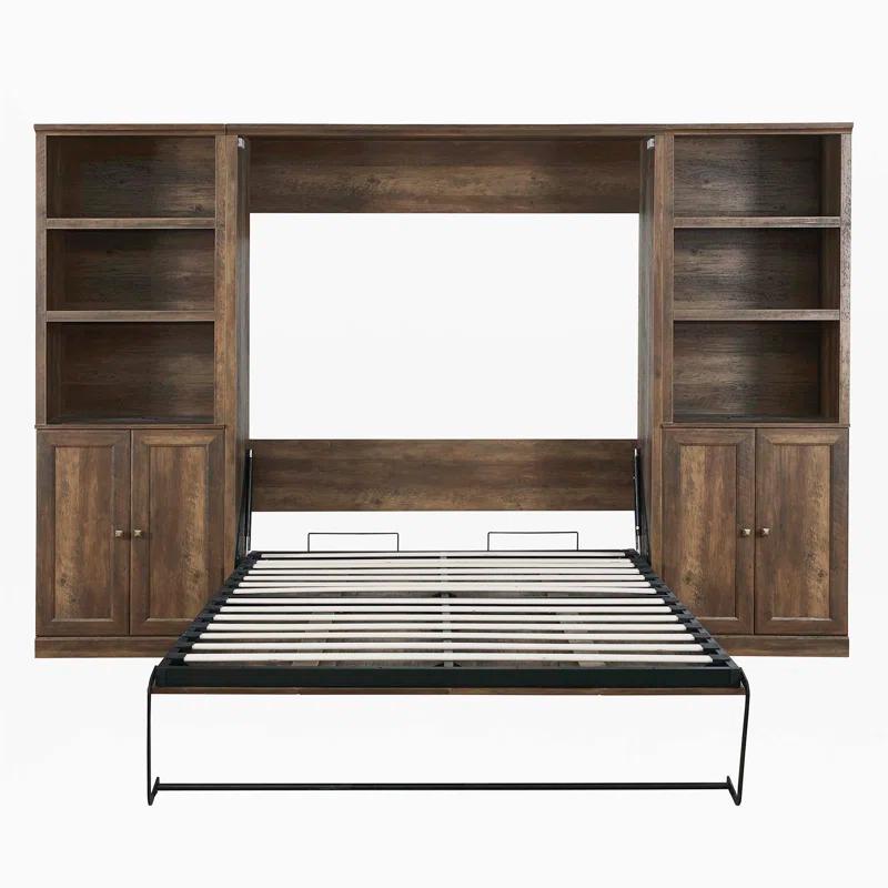 LOONGFIELD Full Size Half Self-Close And Open Murphy Bed With 2 Side Cabinet Storage Shelf, Cabinet Space-Saving Bed Perfect For Guest Room, Bed Room, Guest Room, Home Office