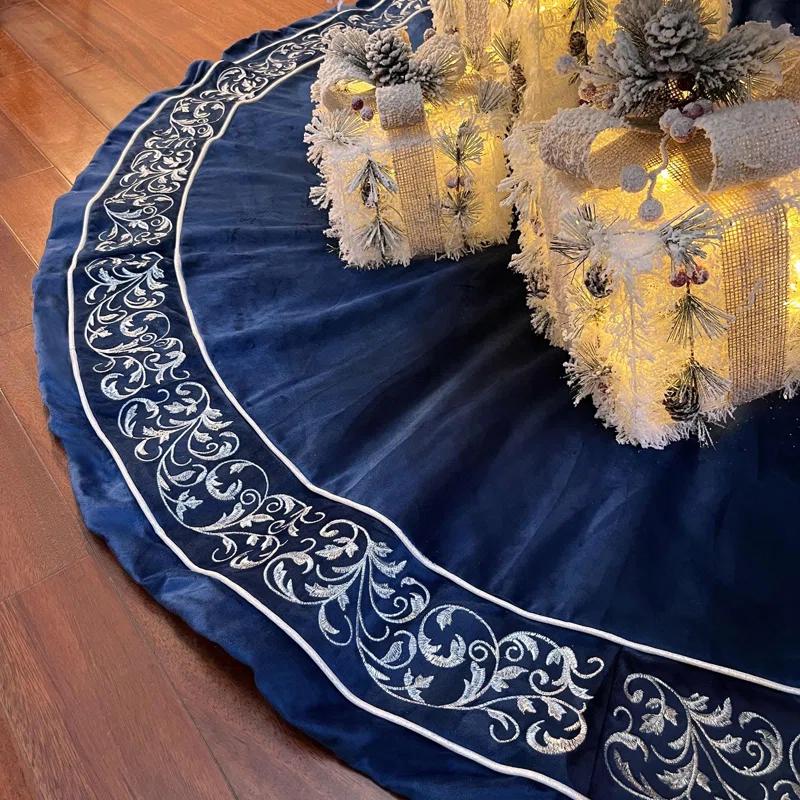 SHIRLEY'S OFFICE FURNITURE, LLC Christmas Tree Skirt 60 Inch, Blue Luxury Extra Large Skirts With Silver Embroidered Vintage Pattern, Classic Retro Christmas Tree Decorations Gifts