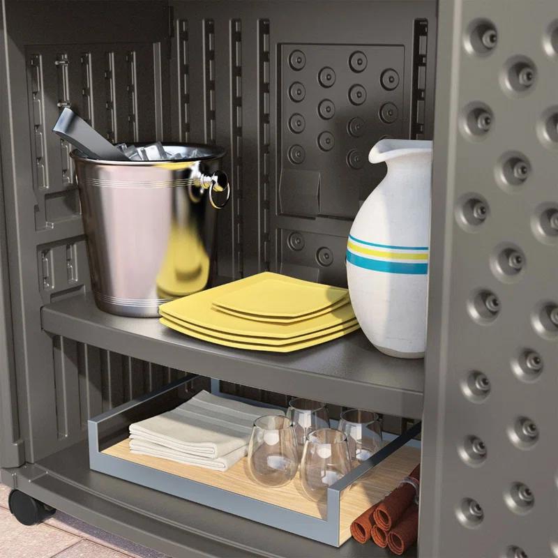 Suncast Patio Plastic Storage and Prep Station with Wicker Pattern, Stoney Gray