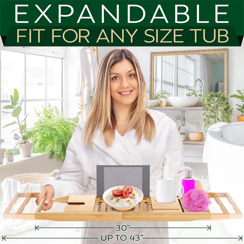 Latitude Run® Luxury Bamboo Bathtub Caddy Tray - Adjustable, Waterproof, With Wine Holder And Phone Slot For Relaxing Baths