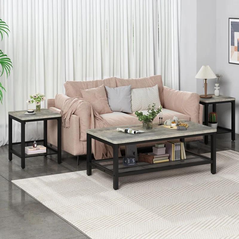 17 Stories Industrial Metal Frame  3 - Piece Living Room Table Set With Two Side Table