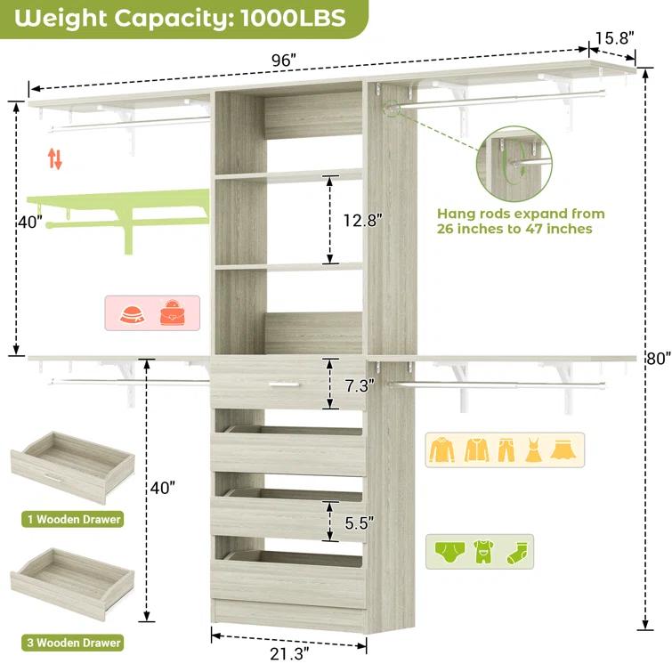 Aheaplus 96'' Closet With 4 Drawers And Shelves,With  4 Clothes Garment Rack