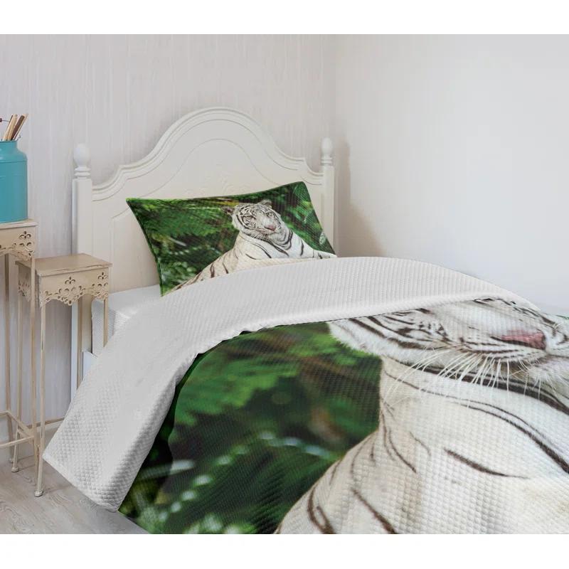 Ambesonne Ambesonne Tiger Bedspread Set Albino Bengal Cat on Rock Fern Green White