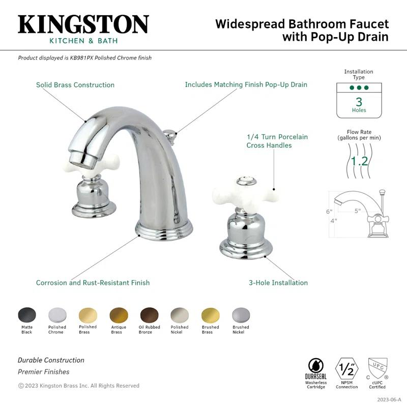 Kingston Brass Victorian Two-Handle 3-Hole Deck Mount Widespread Bathroom Faucet with Retail Pop-Up Drain