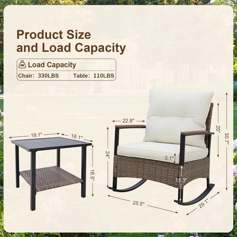EAGLE PEAK 2 - Person Outdoor Seating Group Outdoor Rocking Seating Group with Cushions, 3-Piece Outdoor Rocking Chairs Set With Table