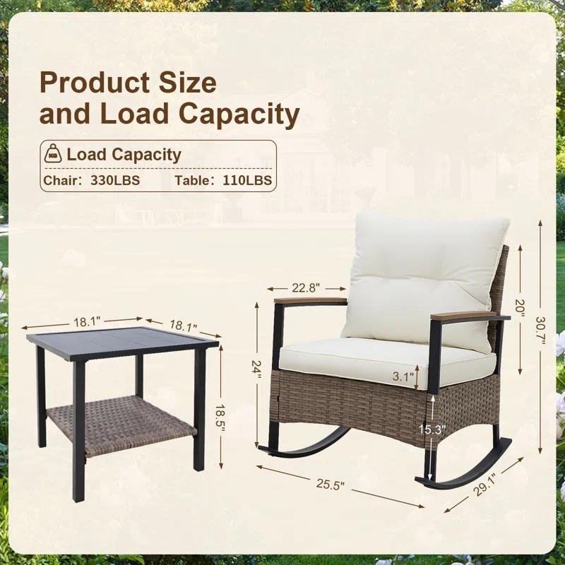 EAGLE PEAK 2 - Person Outdoor Seating Group Outdoor Rocking Seating Group with Cushions, 3-Piece Outdoor Rocking Chairs Set With Table