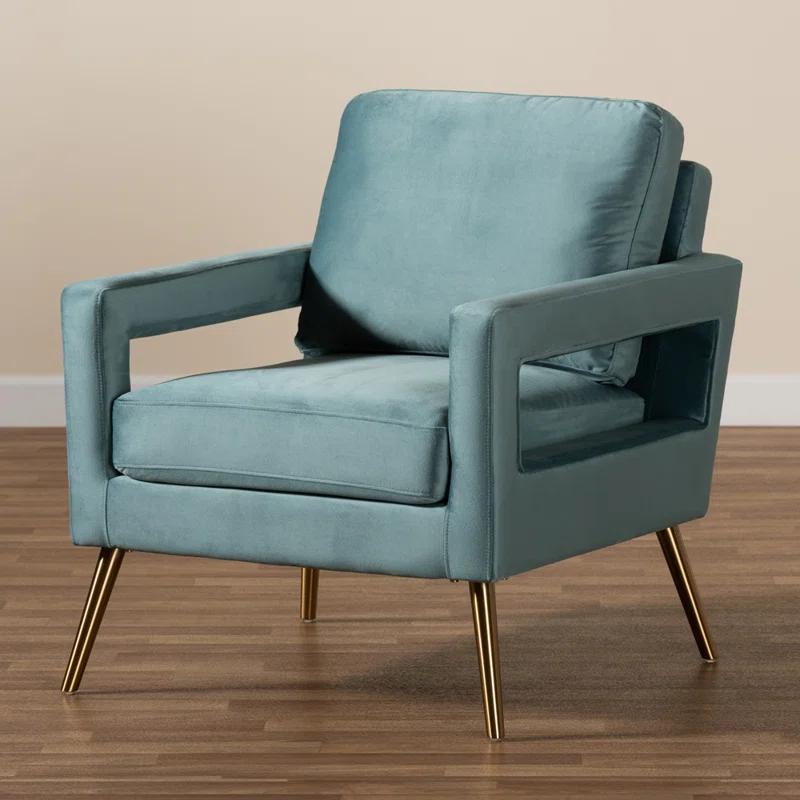 Everly Quinn Arbaaz Light Blue Velvet Fabric and Brushed Gold Leg Armchair, 34.5'' H X 29.1'' W X 34.5'' D